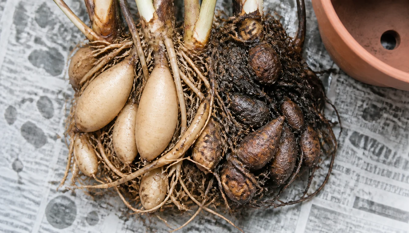 ZZ plant rhizomes washed clean on newspaper, with plump firm pale rhizomes on one side and collapsed dark brown soft rhizomes with blackened roots on the other