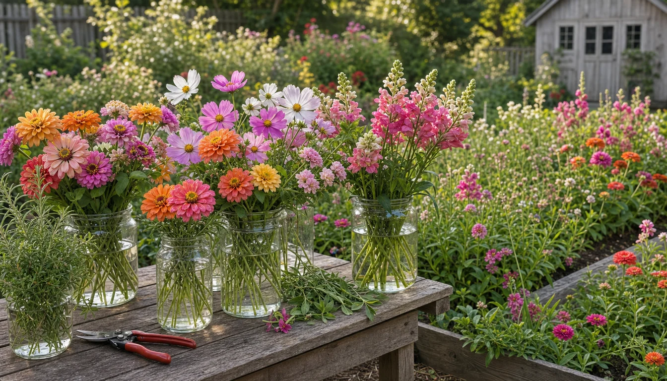 freshly cut garden flowers arranged in jars after morning harvest