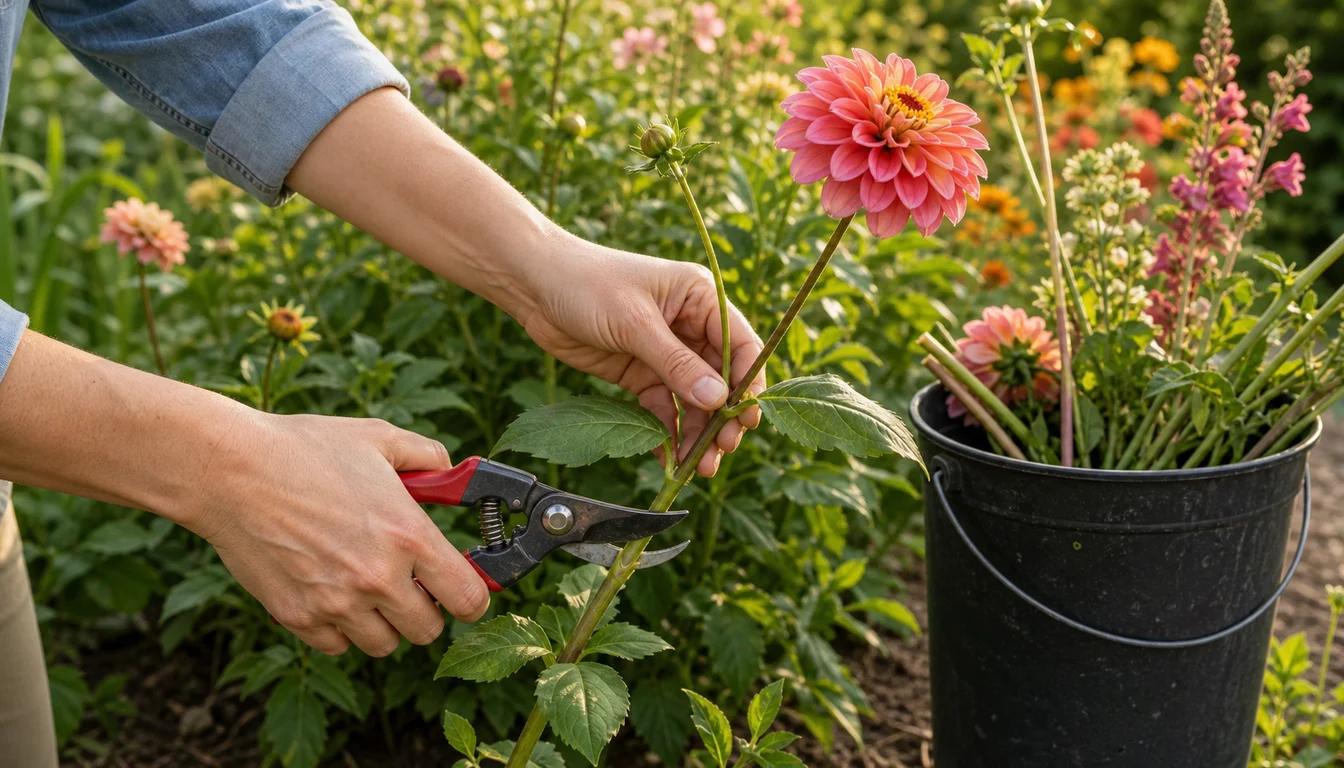 hand cutting flower stems into a clean harvest bucket