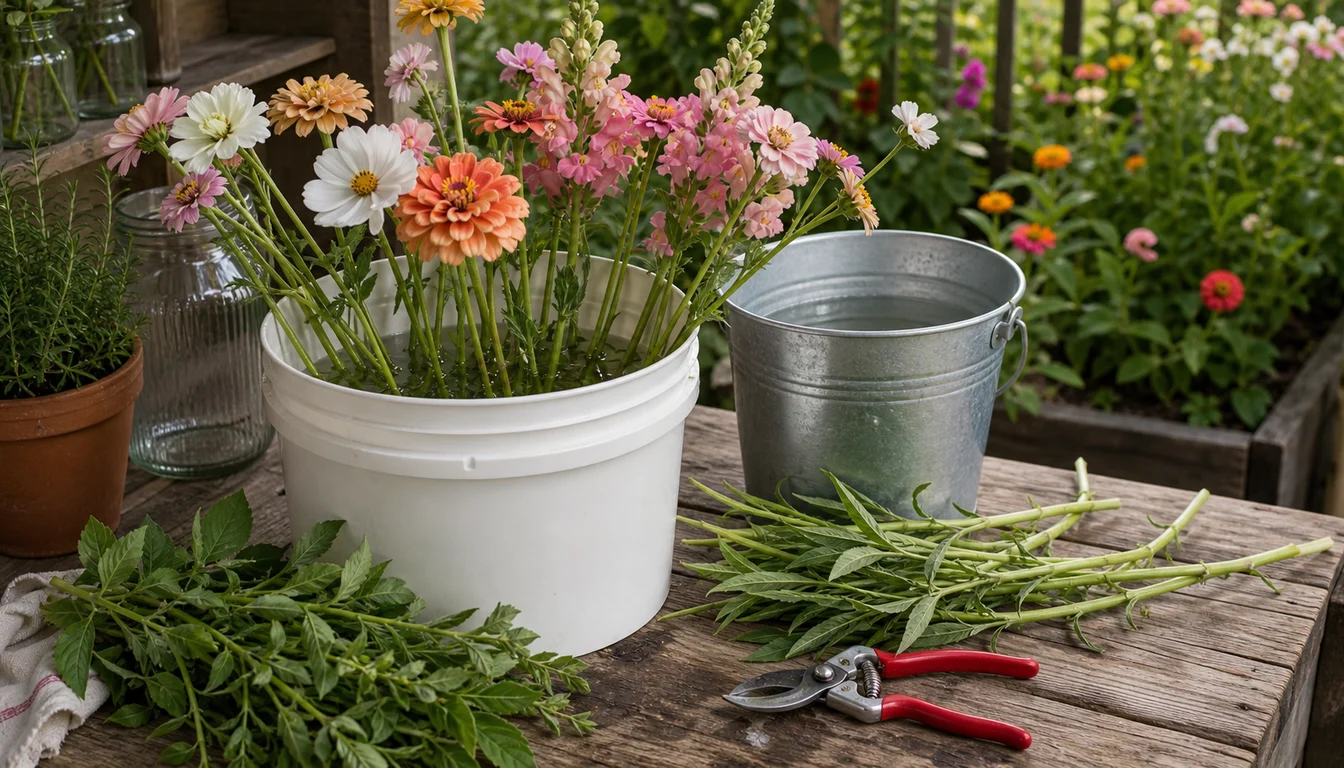 cut flower stems resting in a clean bucket before arranging