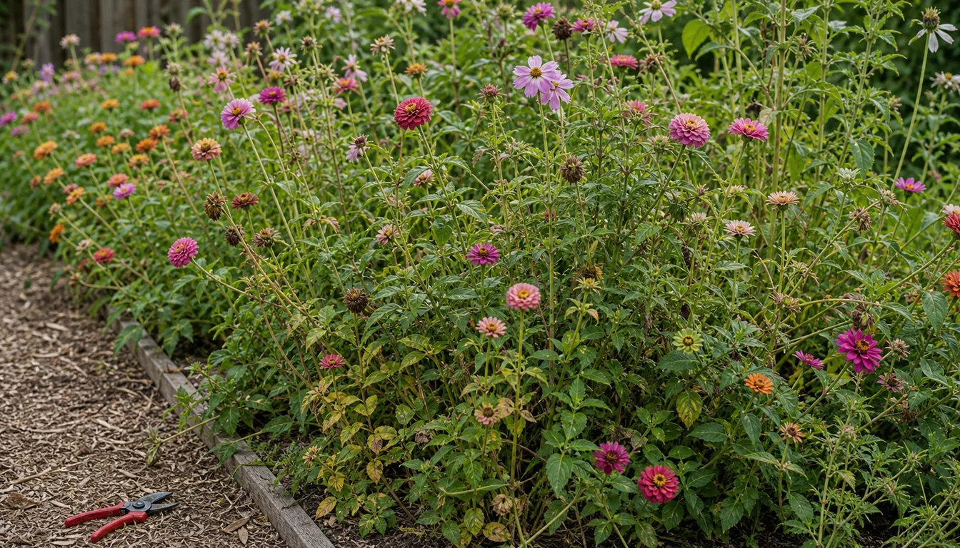 overcrowded flower bed with leaning stems after rain