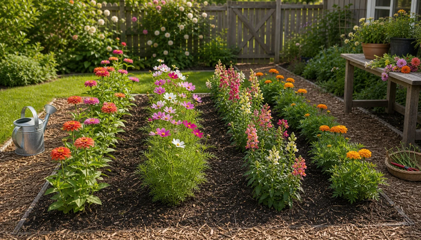 small rectangular cut flower bed with rows of mixed blooms
