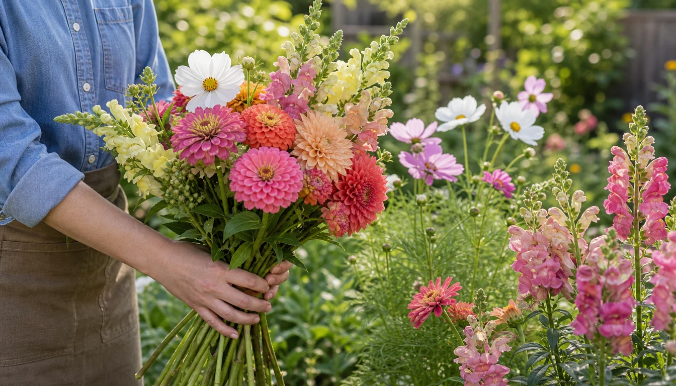 Fresh cut flowers gathered from a sunny garden bed for bouquets