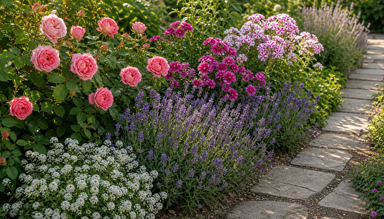 roses, lavender, dianthus, sweet alyssum, and phlox blooming beside a garden path