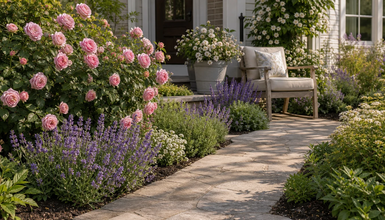 roses, lavender, and white flowering shrubs planted beside a sunny patio path