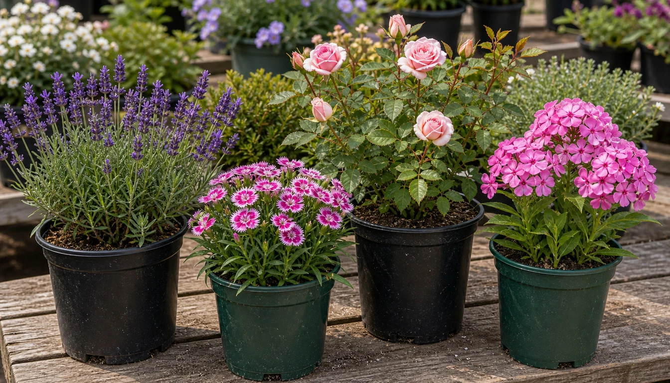 healthy potted lavender, dianthus, rose, and phlox plants on a nursery bench