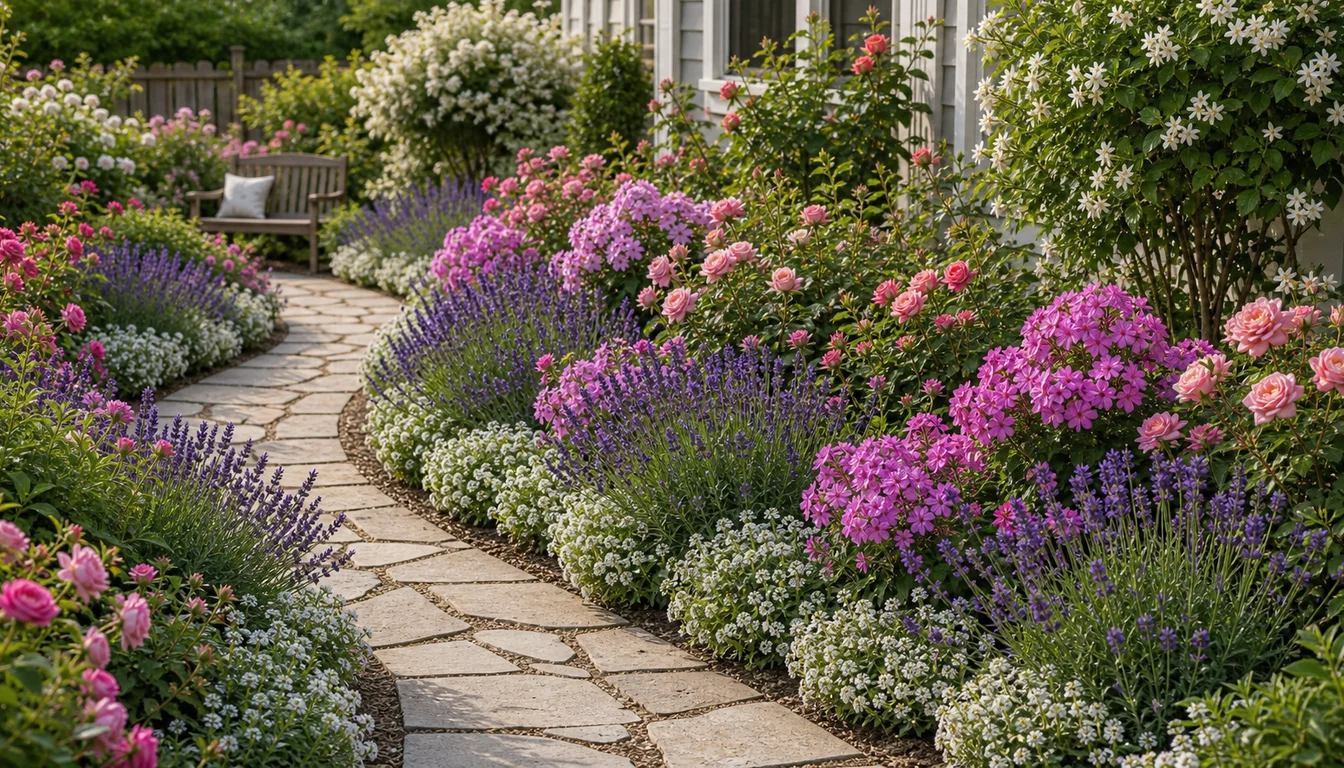 curved garden path bordered by repeated lavender, roses, phlox, and sweet alyssum