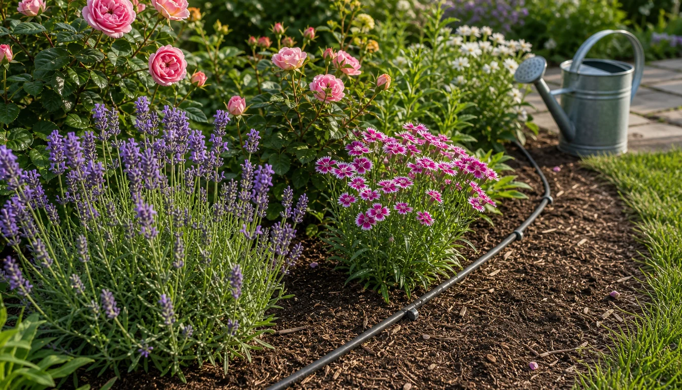 lavender, roses, and dianthus in a mulched bed with drip irrigation and a watering can