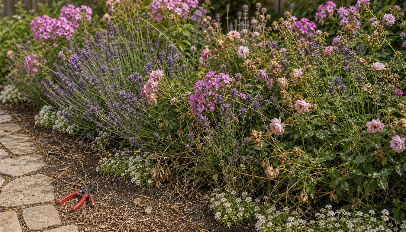 overcrowded lavender and rose bed with leaning stems, spent blooms, and pruning snips