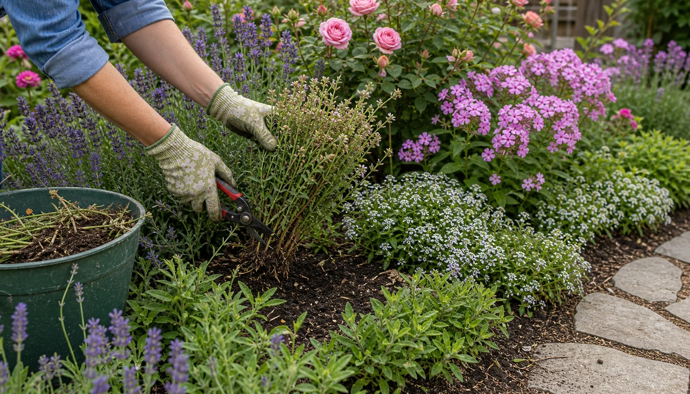 hands cutting back an overgrown fragrant perennial beside lavender, roses, phlox, and alyssum