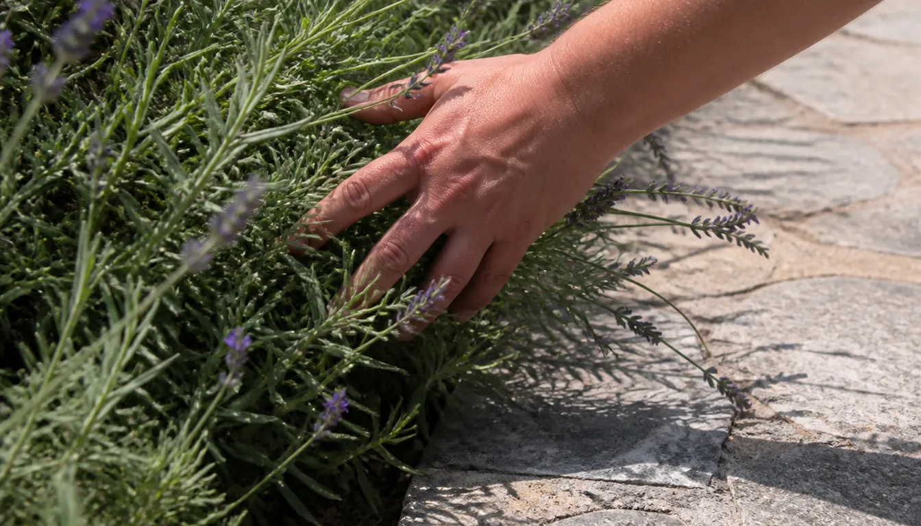 A hand pushing sideways through lavender foliage spilling over the edge of a stone path, releasing the scent held in the leaves