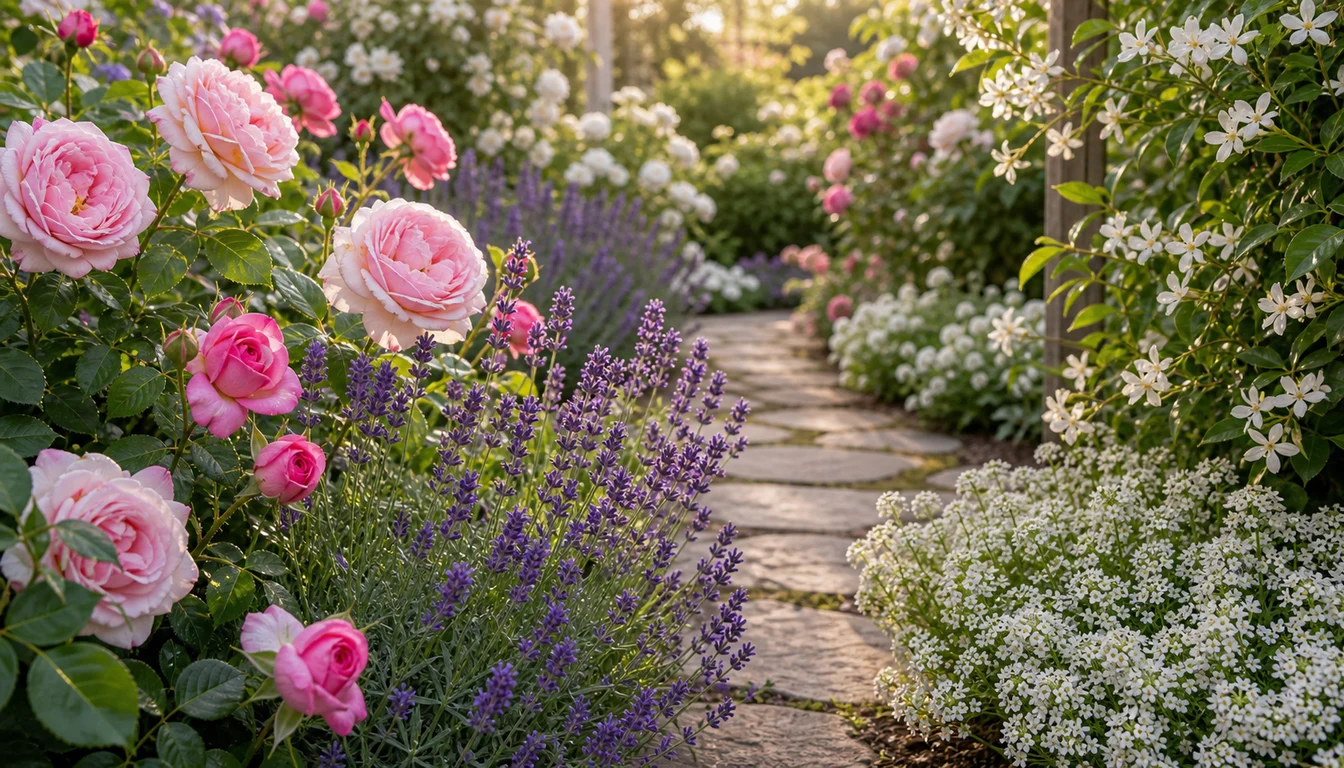 Fragrant garden flowers blooming near a path in warm natural light