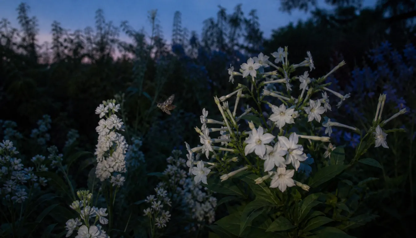 White nicotiana and night-scented stock open at dusk in a dim garden with a hawk moth in flight beside the flowers