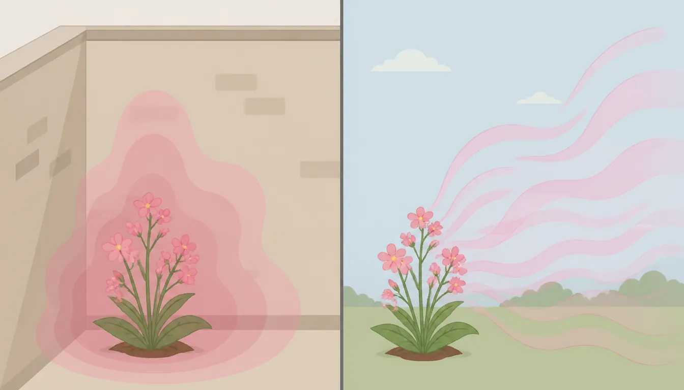Illustration contrasting a flowering plant in a walled corner where scent gathers and pools around it with the same plant in the open where the scent is stretched into streaks and blown away