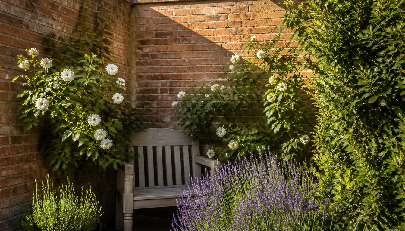 A sheltered garden corner enclosed by two brick walls and a hedge, with a bench, lavender and a climbing rose planted close beside it in warm afternoon sun