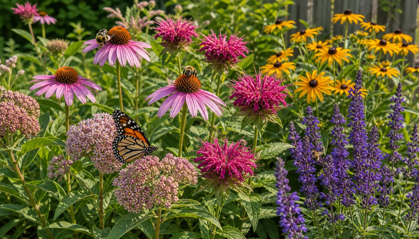 bees and a monarch butterfly visiting coneflowers, bee balm, milkweed, black-eyed Susans, and salvia