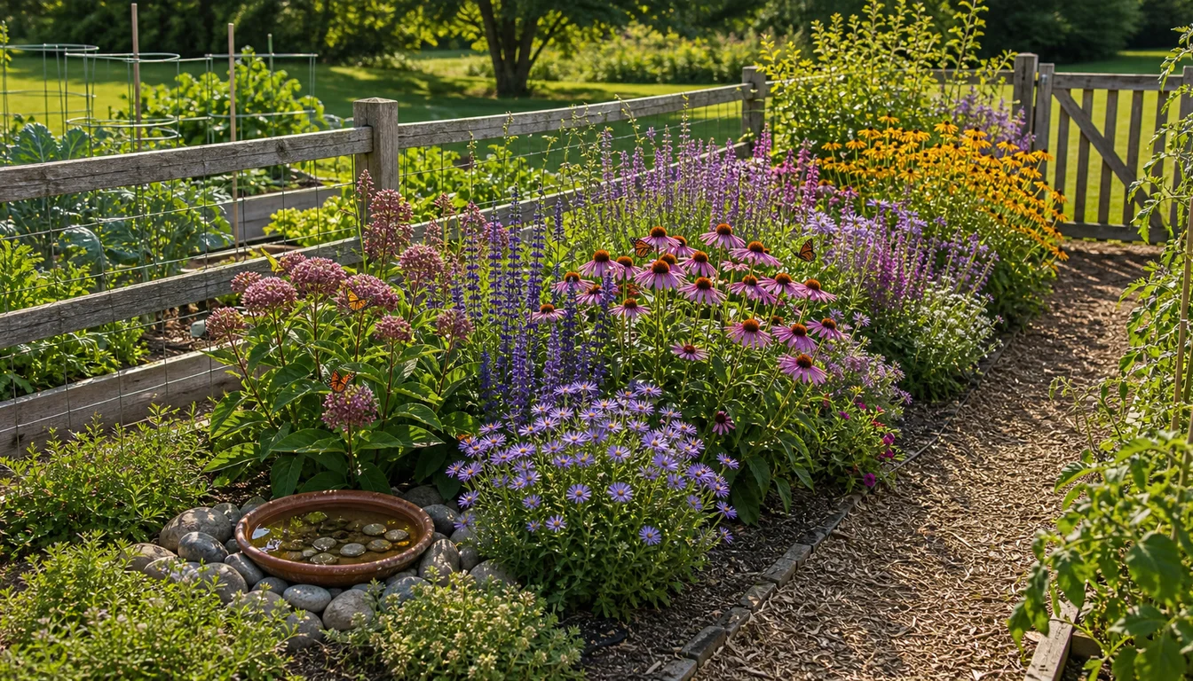 sunny pollinator flower strip beside a vegetable garden with coneflowers, salvia, milkweed, asters, and a stone water saucer