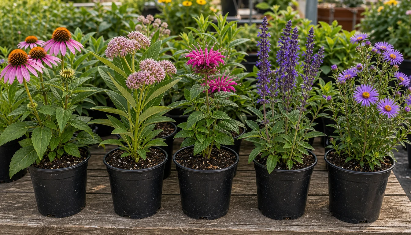 healthy potted coneflower, milkweed, bee balm, salvia, and aster starts on a nursery bench