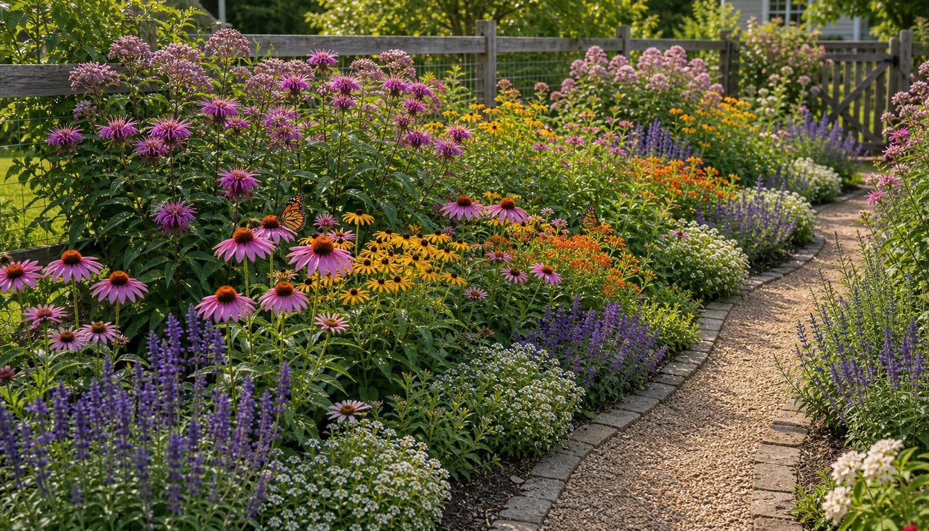 layered pollinator border with coneflowers, bee balm, black-eyed Susans, salvia, alyssum, and butterflies beside a path