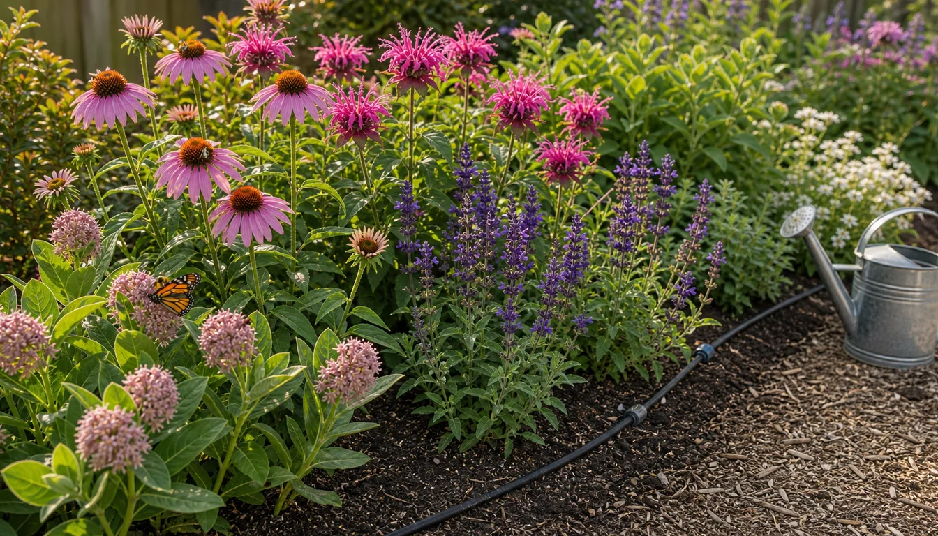 coneflowers, bee balm, milkweed, salvia, drip irrigation, and watering can in a mulched pollinator bed