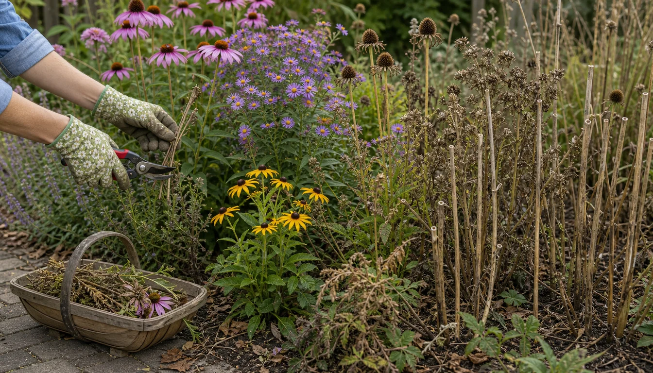 gloved hands pruning a few spent stems while coneflower seed heads and asters remain for pollinator habitat