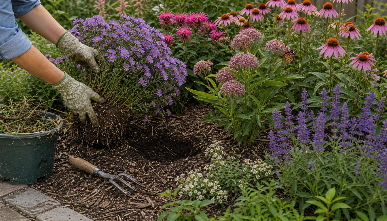 gloved hands lifting an overcrowded aster clump beside coneflowers, milkweed, salvia, and a monarch butterfly