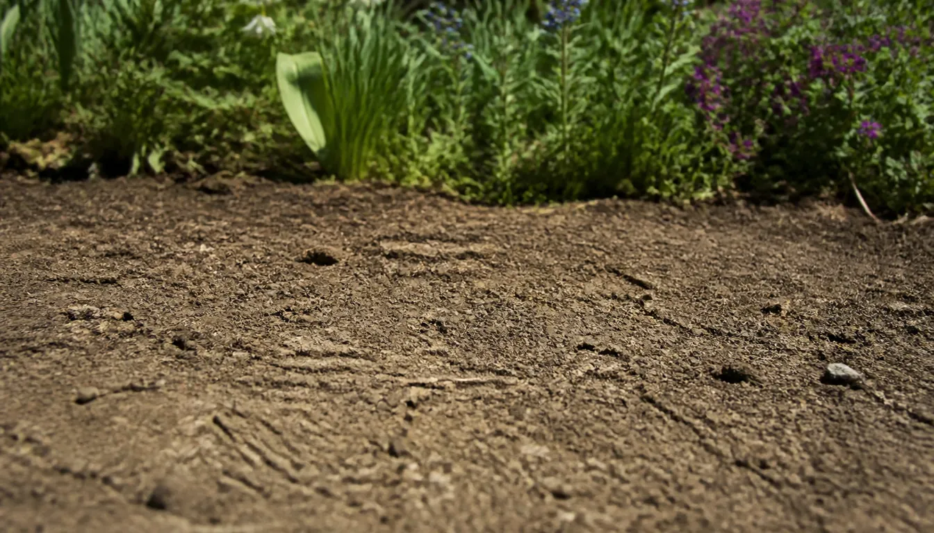 Bare undisturbed sunlit soil at the edge of a planted bed, unmulched and lightly crusted with a few small nesting holes visible, with perennials out of focus behind it