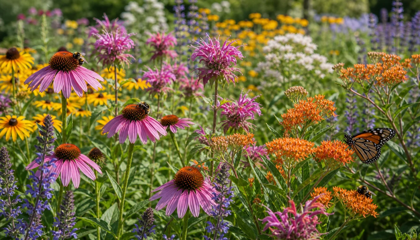 Bees and a butterfly visiting pollinator friendly garden flowers