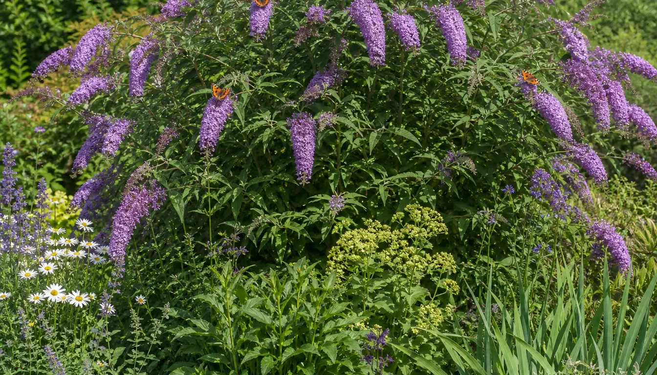A butterfly bush in full flower with three butterflies feeding on its purple panicles, with a visible lower layer of shasta daisies, catmint and other perennials planted around its base