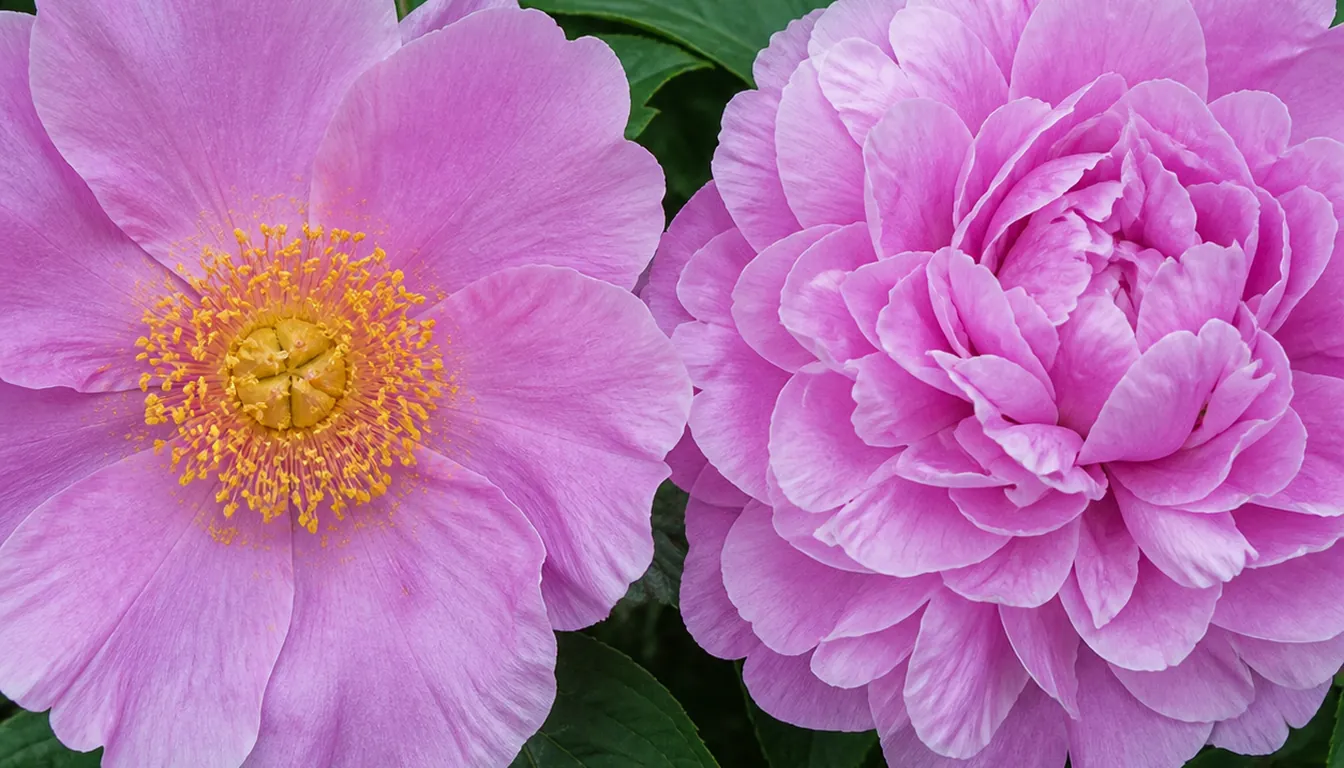 Two peony blooms of the same color side by side, the left one single with a wide open center full of golden stamens and pollen, the right one fully double with its center completely packed with petals