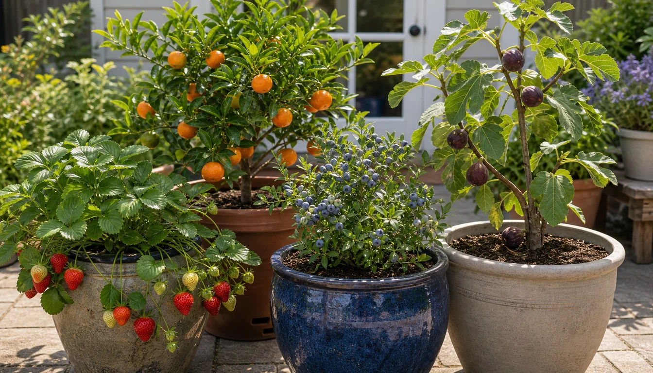 strawberries, dwarf citrus, blueberries, and compact fig growing in patio containers