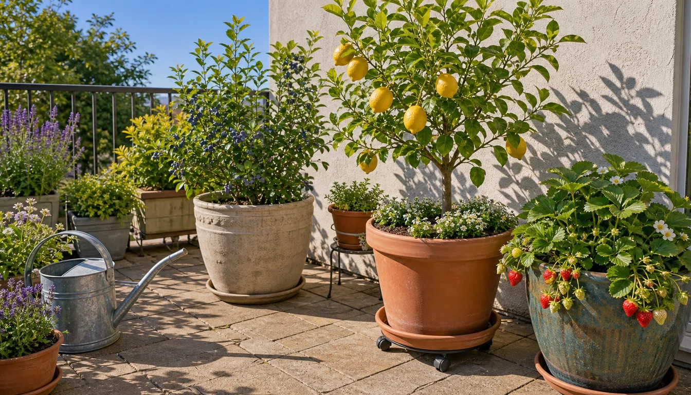 dwarf lemon, blueberry shrub, and strawberry pot arranged in full sun on a patio