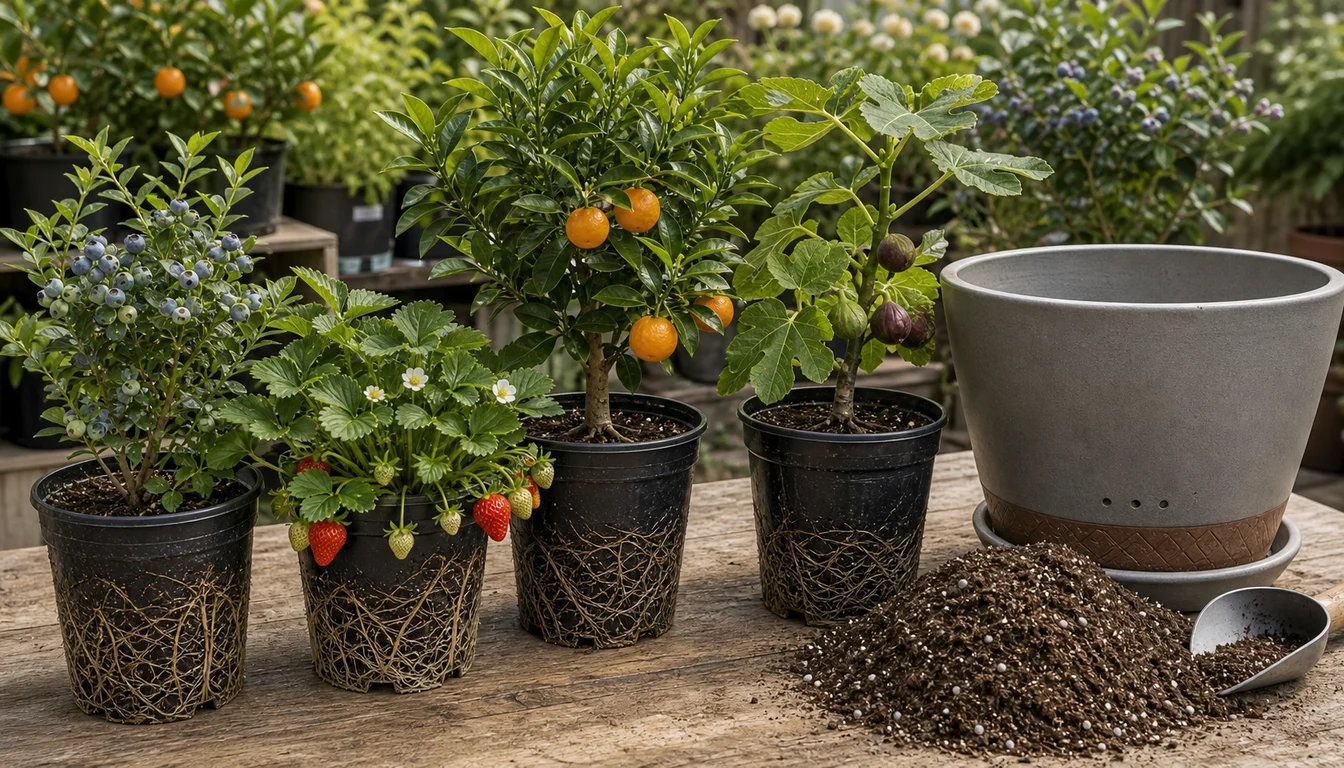 healthy potted blueberry, strawberry, dwarf citrus, and fig plants beside a large drainage container and potting mix