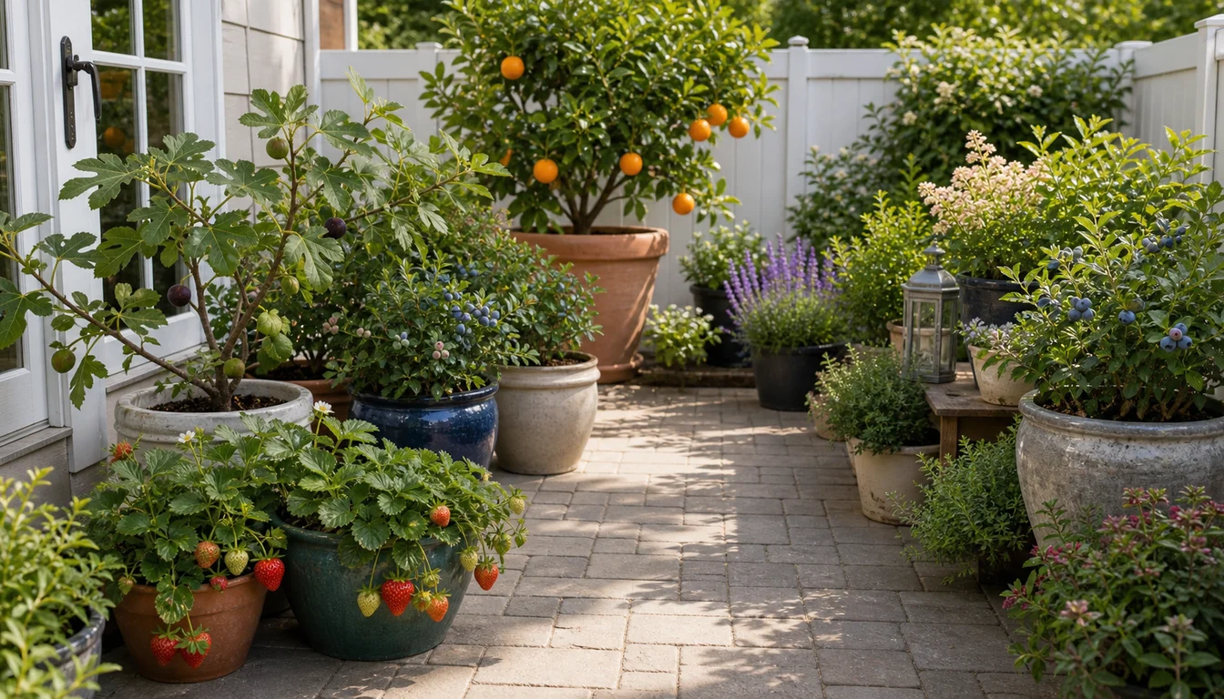 patio fruit containers arranged with dwarf citrus, fig, blueberries, and strawberries around a clear walking path