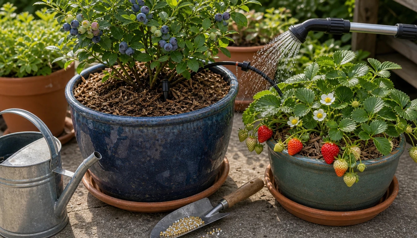 blueberry and strawberry containers with mulch, watering wand, drip emitter, saucers, and measured fertilizer pellets