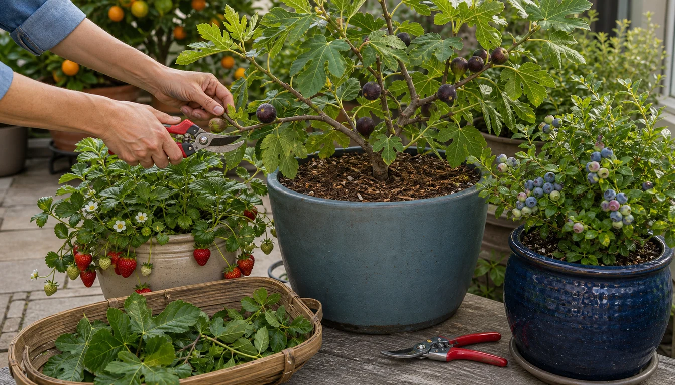 hands pruning a container fig beside strawberry and blueberry pots on a patio