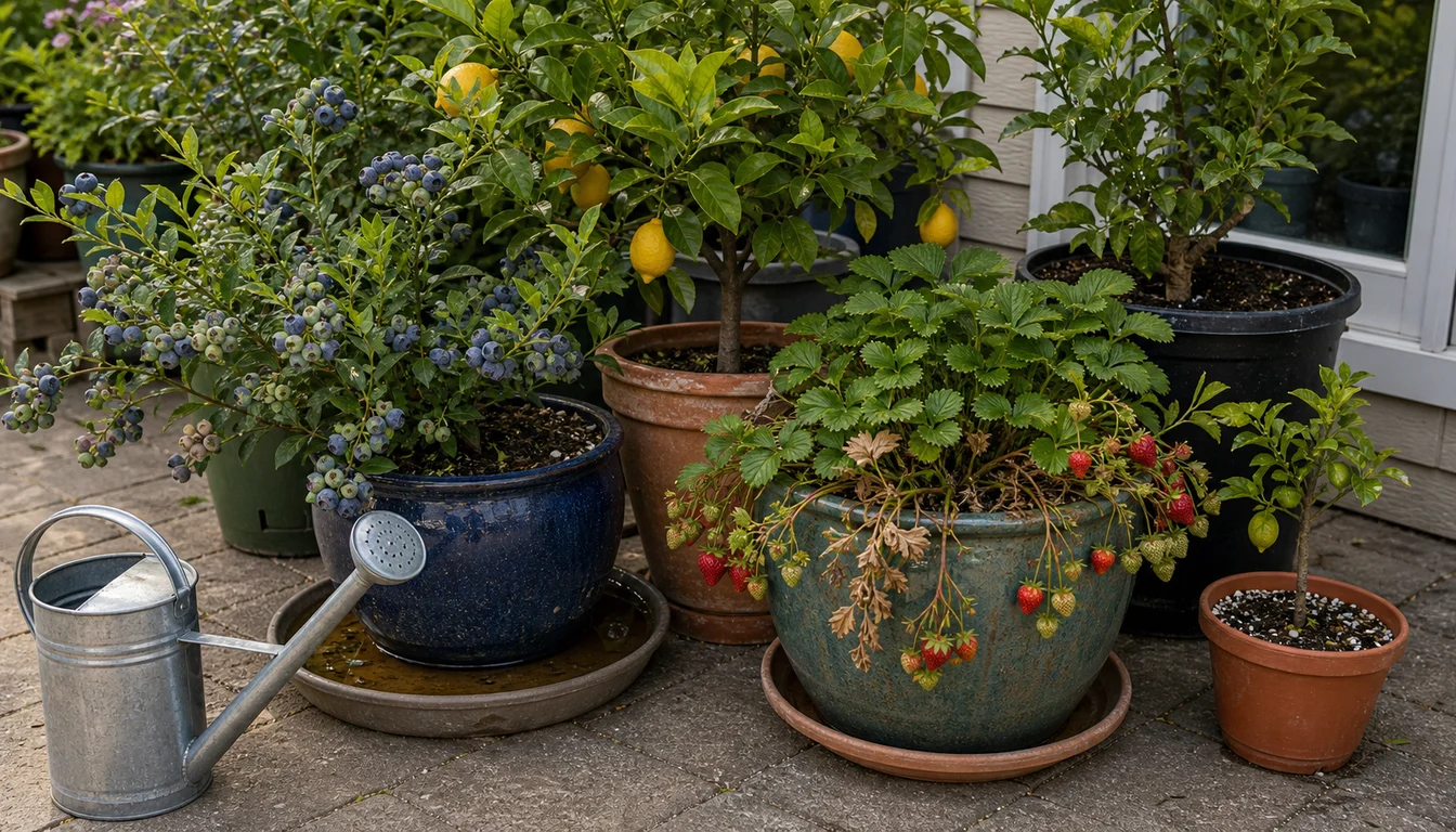 crowded patio fruit pots with blueberry sitting in a water-filled saucer and a strawberry pot with dry leaves
