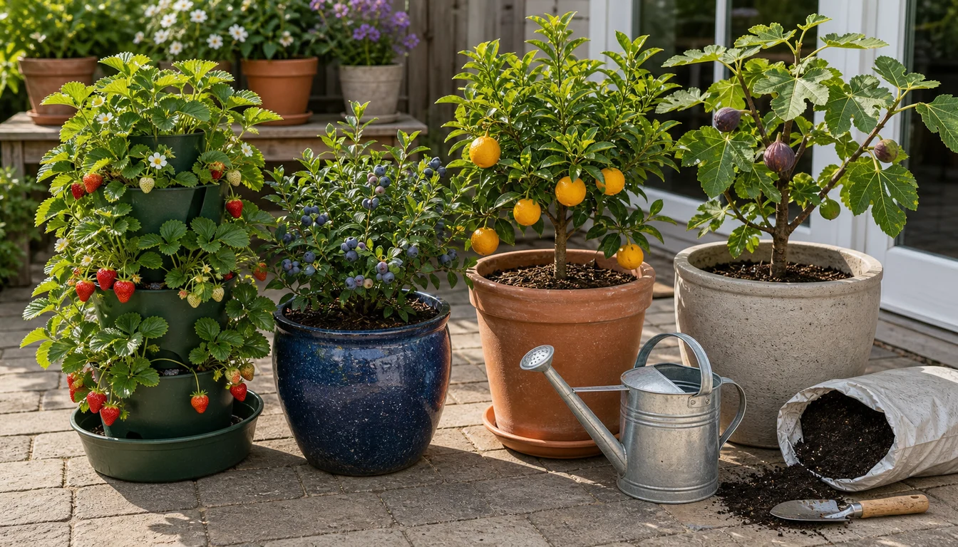 starter patio fruit container layout with strawberry tower, blueberry pot, dwarf citrus, fig, watering can, and potting mix
