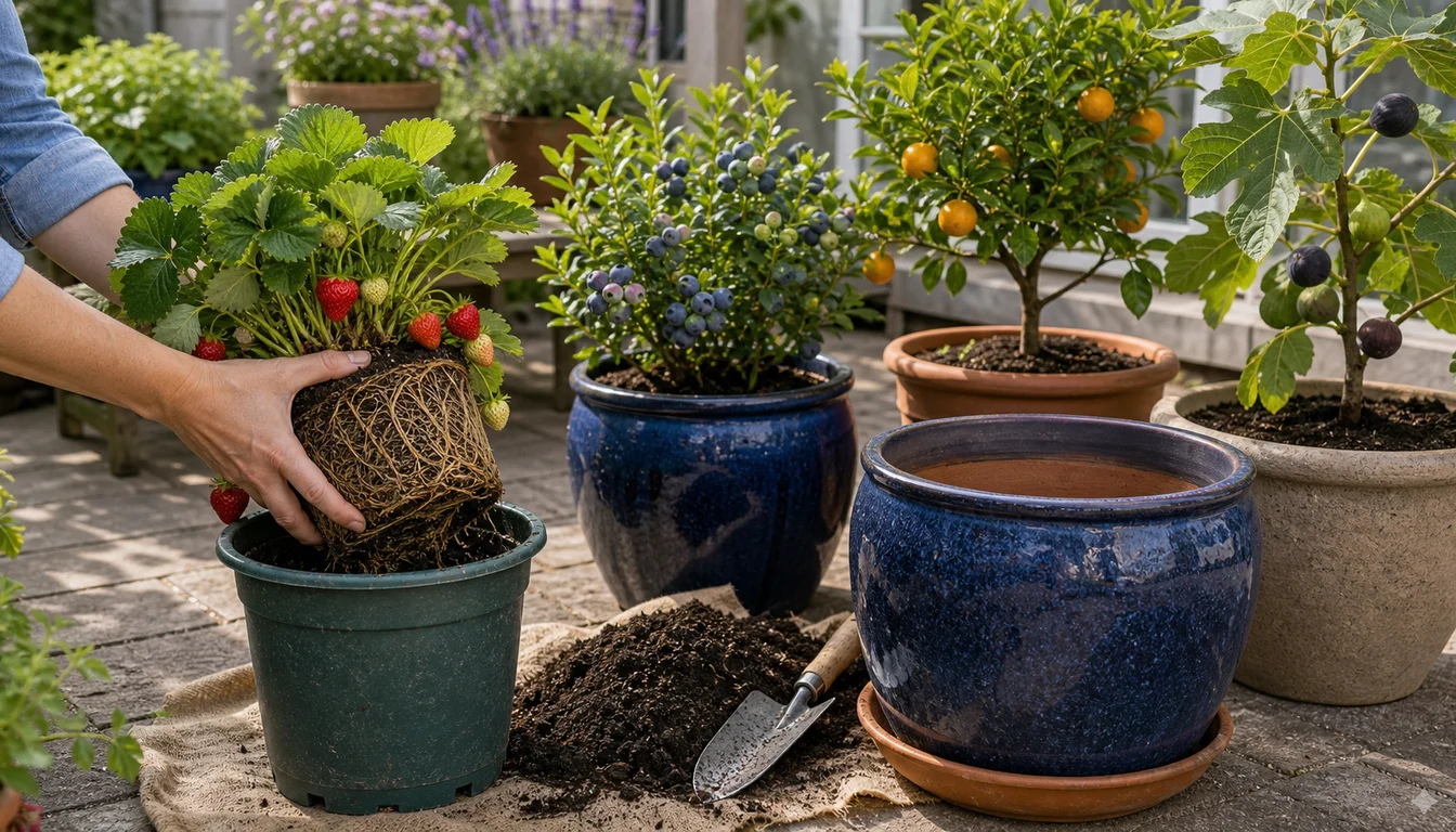 hands lifting a root-bound strawberry plant beside blueberry, dwarf citrus, fig, fresh potting mix, and a larger container