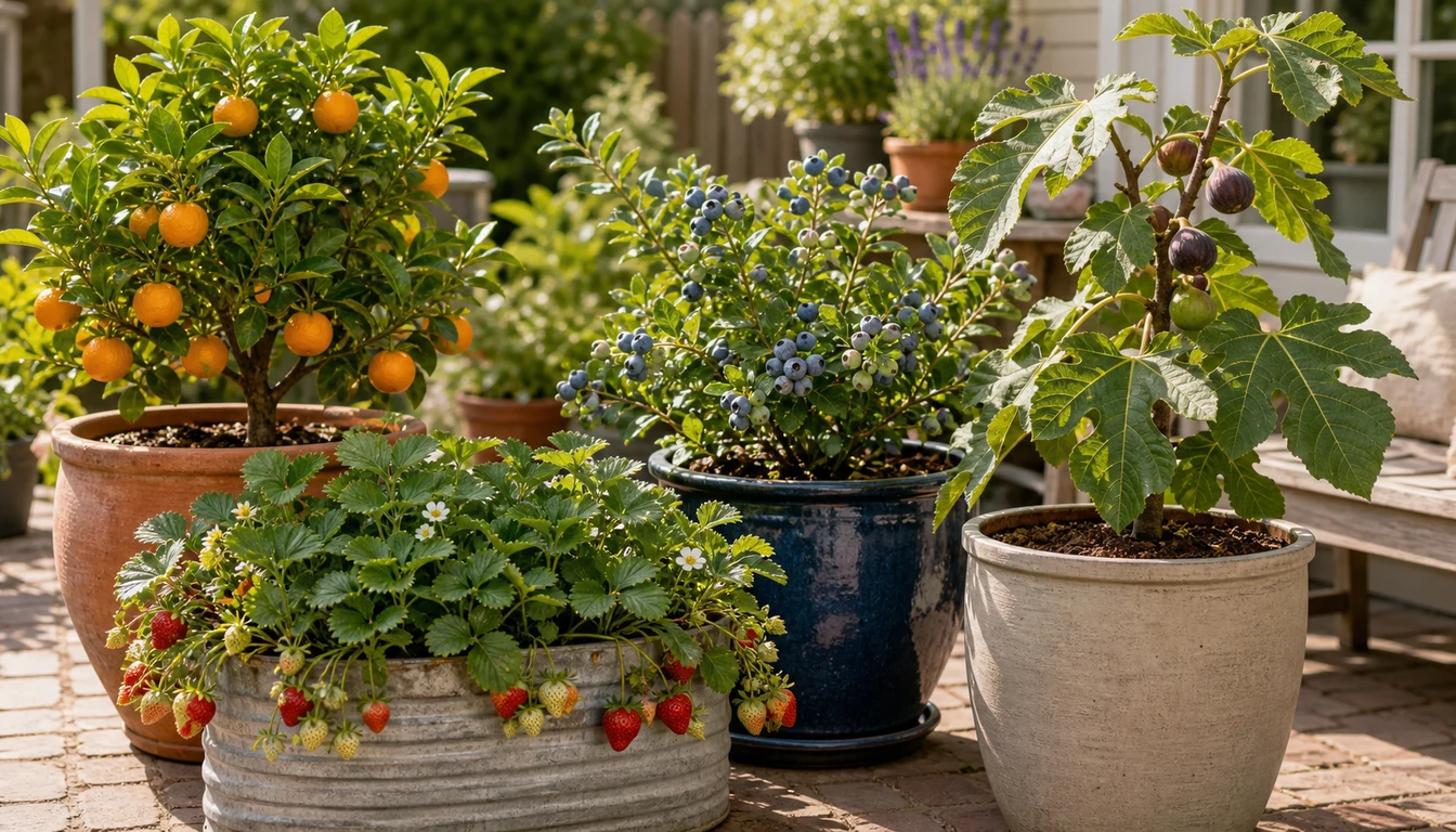 Container grown fruits with strawberries, dwarf citrus, and blueberries on a patio