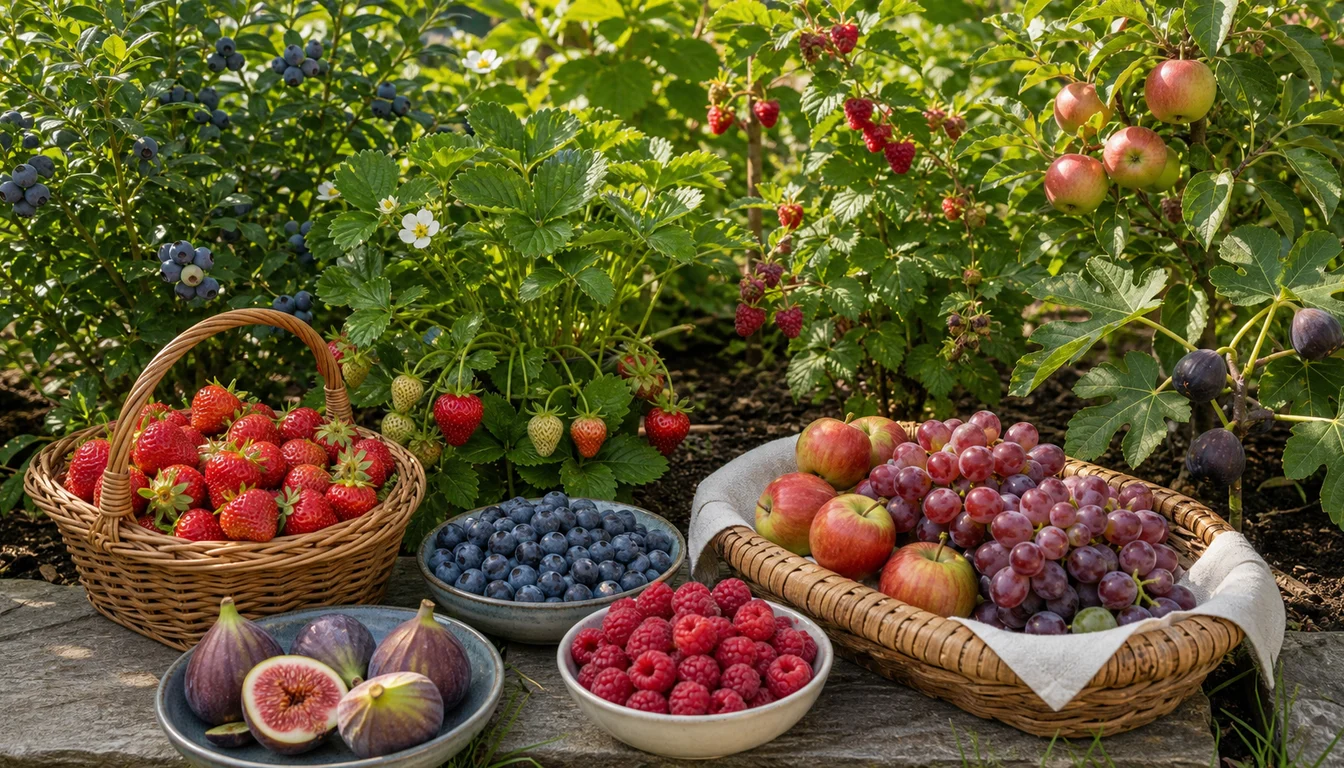 basket and bowls of strawberries, blueberries, raspberries, apples, grapes, and figs beside fruiting plants