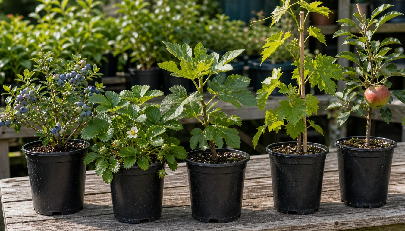 healthy potted blueberry, strawberry, fig, grapevine, and apple plants on a nursery bench