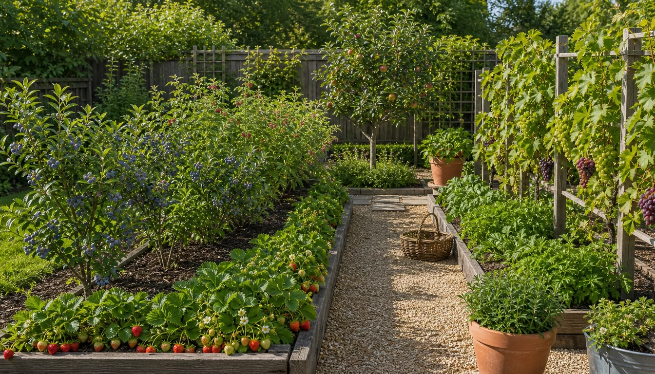 blueberry shrubs, strawberries, apple tree, grape trellis, and harvest basket arranged around a gravel path