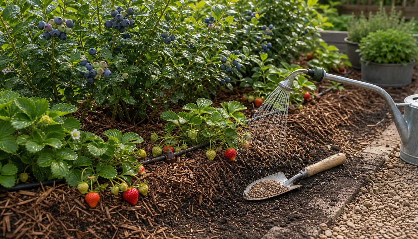 blueberry shrubs and strawberry plants with drip irrigation, watering wand, mulch, and fertilizer pellets on a trowel