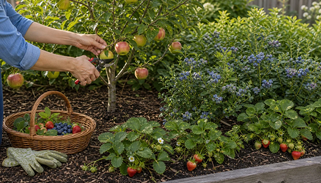 hands pruning an apple branch beside blueberry shrubs, strawberry plants, and a harvest basket