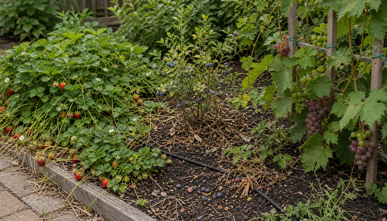 overcrowded strawberry runners, dry blueberry mulch, fallen berries, and grapevine canes needing tying