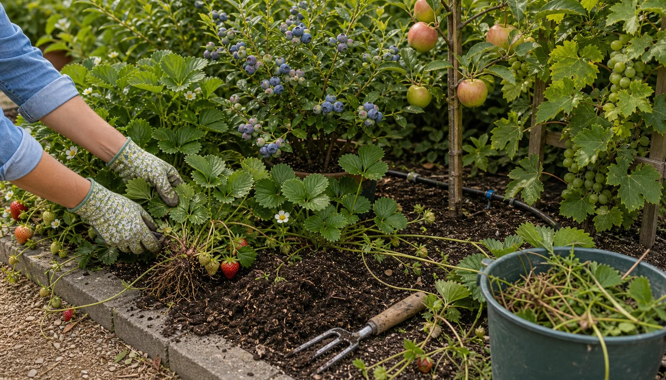 gloved hands removing strawberry runners beside blueberry shrub, apple tree, grapevine, compost bucket, and hand fork