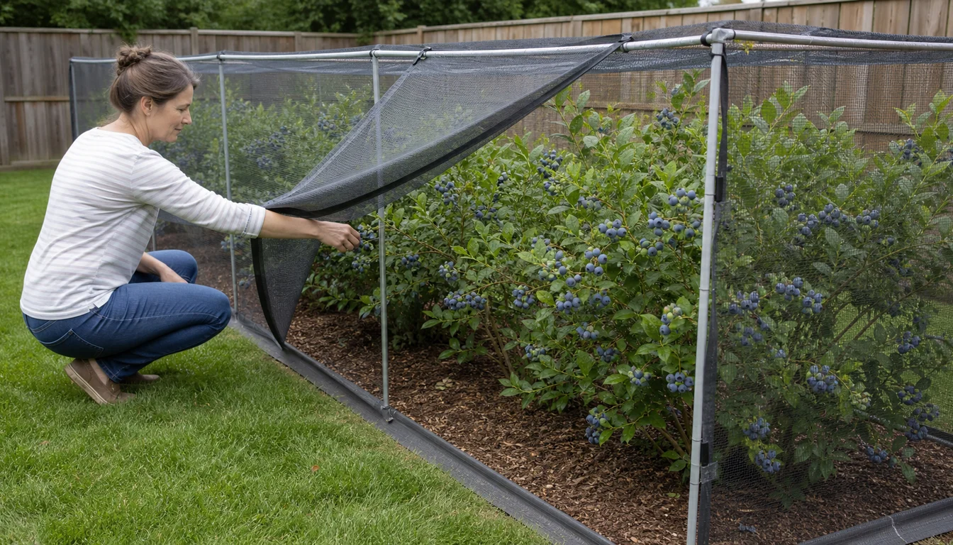 A rigid fine-mesh frame with an open access flap protecting ripe blueberry bushes from birds