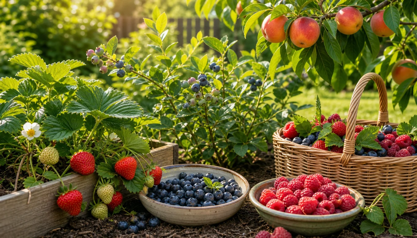 Fresh eating fruits including berries, apples, grapes, and figs in garden light