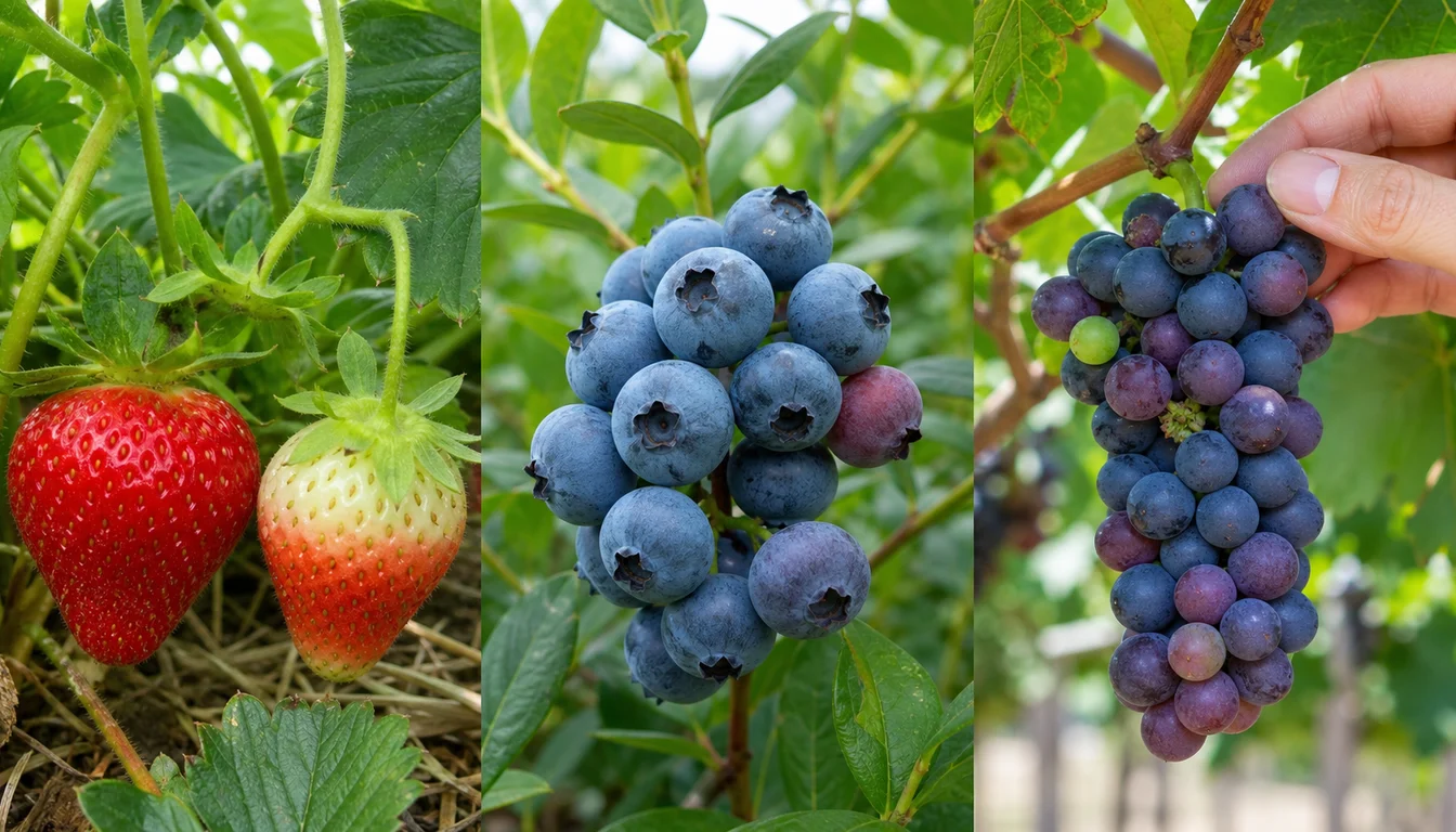 Ripe and underripe strawberries, blueberries, and table grapes compared while still attached to their plants